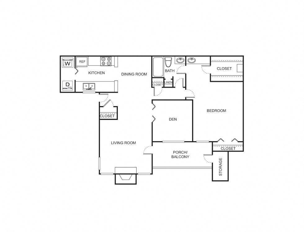Floor plan for 1 bed, 1 bath, 970 sqft